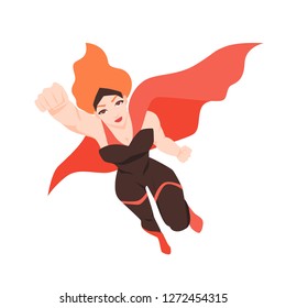 Portrait of flying superheroine. Redhead woman with super powers isolated on white background. Strong comic character wearing bodysuit and cape. Flat cartoon colored vector illustration.