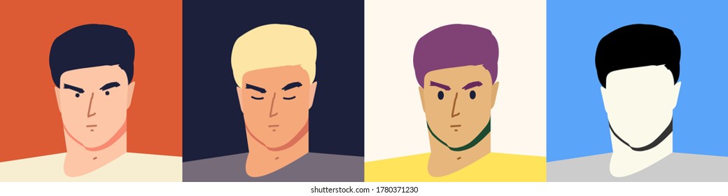 Retrato de un hombre enfocado. Envase y silueta de colores. Avatar. Ilustración plana vectorial.
