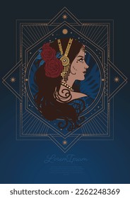 Portrait of a fortune teller in an art deco frame. Vector hand drawn illustration