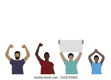 Portrait of four dark-skinned men with arms raised above their heads, flat vector on white background, faceless illustration
