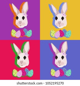 Portrait of four Easter rabbits on a colorful background in the style of pop art