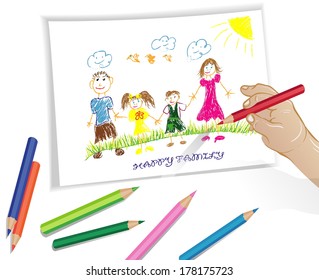 Portrait of four member family posing together smiling happy, child's drawing