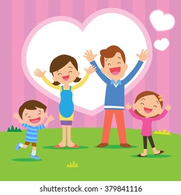 Portrait of four member family posing together smiling happy with Heart background.
