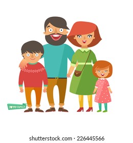 Portrait of four member happy stylish family posing together. Parents with kids. Vector colorful illustration in flat design isolated on white