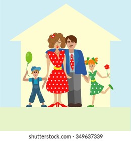 Portrait of four member happy stylish family posing together. Parents with kids. Vector colorful illustration in flat design 