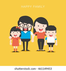 Portrait of four member happy stylish family posing together. Parents with kids. Vector colorful illustration in flat design 