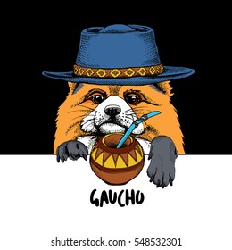 Portrait of Fox in a Gaucho hat with a mate tea. Vector illustration.