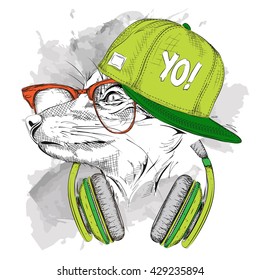 Portrait of fox with glasses, headphones and in hip-hop hat. Vector illustration.