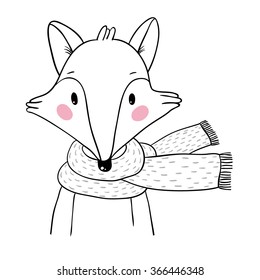 Portrait of a fox. Hand drawing isolated objects on white background. Vector illustration.