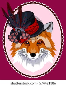 Portrait of a fox in a hat with feathers and veil