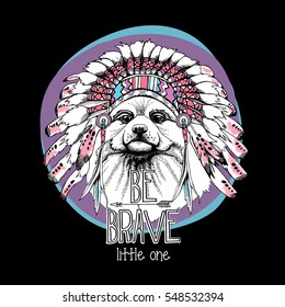 Portrait of Fox in a Indian Feather Headdress. Vector illustration.