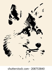 Portrait of fox, isolated on sepia background. The head of a beautiful forest wild beast. Smart look of a dodgy vulpes. Great for user pic, icon, label, tattoo. Amazing monochrome vector image. 