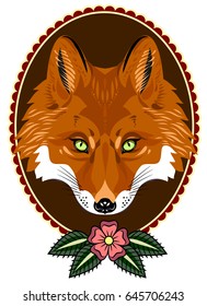 Portrait of a fox in a lace frame and flowers. 