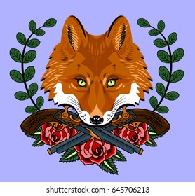 Portrait of a fox on a background of a banner and branches laurel . Old school tattoo style