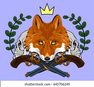 Portrait of a fox on a background of a banner and branches laurel . Old school tattoo style