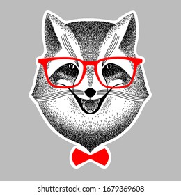 portrait of a fox in red glasses. fox with a red bow-tie. Fox hipster style. Stylized vector illustration of handmade. sly fox smiles.  