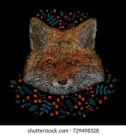 portrait a fox, rowan plant. traditional stylish fashionable embroidered embroidery on a black background. sketch for printing on fabric, bag, clothes, accessories and design. trend vector. chihuahua
