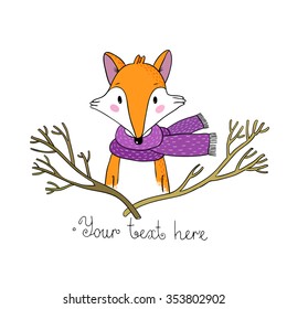 Portrait of a fox in a scarf and branches.  Hand drawing isolated objects on white background. Vector illustration.