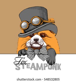 Portrait of Fox in a Steampunk Top hat with a tie. Vector illustration.