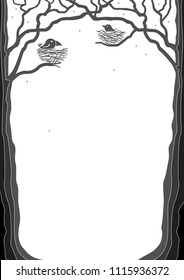 Portrait frame with silhouettes of trees and birds in nests. Vector graphics. Background for book cover or card