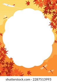 portrait frame template of autumn leaves, red dragonflies and an airplane