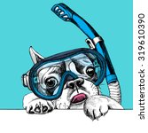 Portrait of a French Bulldog in diving mask with tube on blue background. Vector illustration.