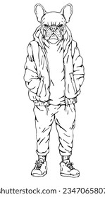 Portrait of French Bulldog dressed in a jacket and trousers. Hand-drawn illustration. Vector