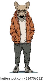 Portrait of French Bulldog dressed in a jacket and trousers. Hand-drawn illustration. Vector