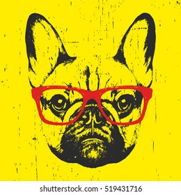 Porträt des französischen Bulldog mit Brille. Handgezeichnete Illustration. T-Shirt-Design. Vektorgrafik