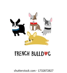 Portrait of French Bulldog . Hand-drawn illustration. illustration with funny dog. Hand drawn vector french bulldog puppy. Happy holidays template. Cartoon animal