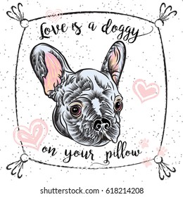 Portrait of French Bulldog. Love is a doggy on your pillow. Vector illustration isolated on white background with hearts and sparkles with love sign.
