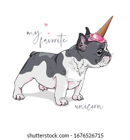 Portrait of a French Bulldog puppy in a Ice Cream party hat. Funny Cartoon Characters. Humor card, t-shirt composition, hand drawn style print. Vector illustration.