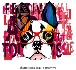 Portrait of french bulldog wearing sunglasses - Vector illustration