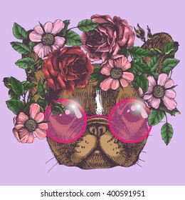 Portrait of a french bulldog with wreath of flowers and with round sunglasses. Hand drawn vector illustration. Dog in the boho style for your blog, logo and other design.