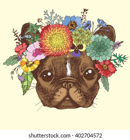 Portrait of a french bulldog with wreath of flowers. Hand drawn vector illustration. Dog  in the boho style for your blog, logo and other design.