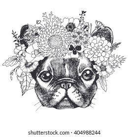Portrait of a french bulldog with wreath of flowers. Hand drawn vector illustration. Dog  in the boho style for your blog, logo and other design.