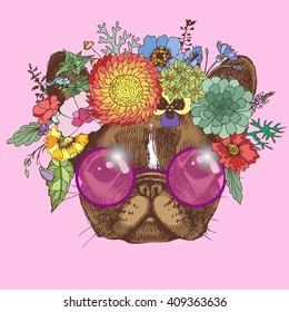 Portrait of a french bulldog with wreath of flowers and with round sunglasses. Hand drawn vector illustration. Dog in the boho style for your  design.