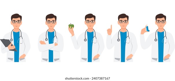 Portrait of friendly doctor with stethoscope in diverse poses .Young man pointing,holding apple, clipboard, inhaler in hand. Healthcare and medicine concept. Vector illustration