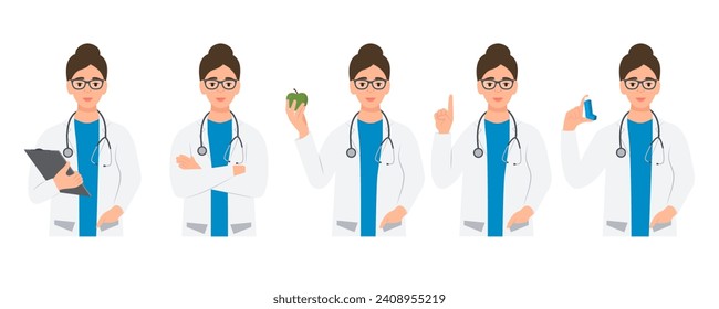 Portrait of friendly doctor with stethoscope in diverse poses .Young woman pointing,holding apple, clipboard, inhaler in hand. Healthcare and medicine concept. Vector illustration