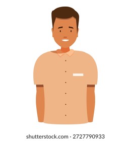 Retrato de un amigable asistente de tienda sonriendo, con un uniforme y una etiqueta con el nombre, proporcionando un excelente Servicio al cliente