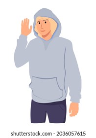Portrait of friendly smiling teenager waving raised hand, saying hello and looks happy, greeting you make hi wave gesture, welcome friends, stands against white background