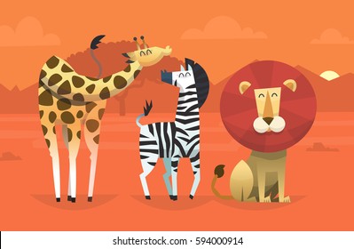 Portrait of friendly wild savanna animals taking picture in the desert on sunset with mountains on the background. Vector illustration