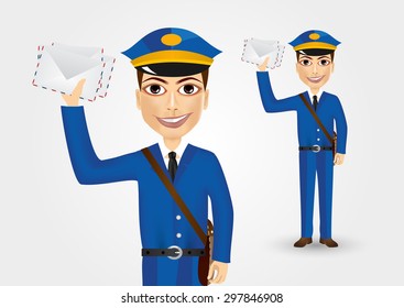 portrait of friendly young postman with bag thrown over his shoulder dressed in blue uniform holding envelopes