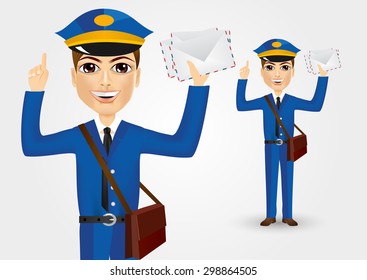 portrait of friendly young postman with bag thrown over his shoulder dressed in blue uniform holding envelopes and pointing up