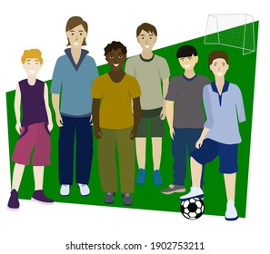 Portrait of friends. Multi-ethnic football team. Different people. Disabled boy without left arm. Friends get together to play soccer. Isolated vector illustration