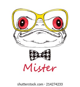  Portrait of a frog on a white background with glasses and a bow tie. Vector illustration.