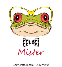  Portrait of a frog on a white background with glasses and a bow tie. Vector illustration.