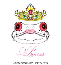  Portrait of a frog on a white background with a crown on his head. Vector illustration.