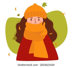 Portrait of a frozen autumn girl. A woman, in a hat and wrapped up to her nose in a warm scarf on a background with autumn leaves. Vector illustration. Character in flat style for autumn design, decor