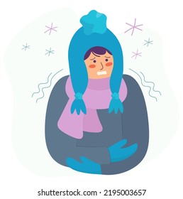 Portrait of a frozen girl, a woman in a hat wrapped up to her nose with a warm scarf against the background of cold winter snowflakes. Cartoon character in flat style for winter design, decor.Vector